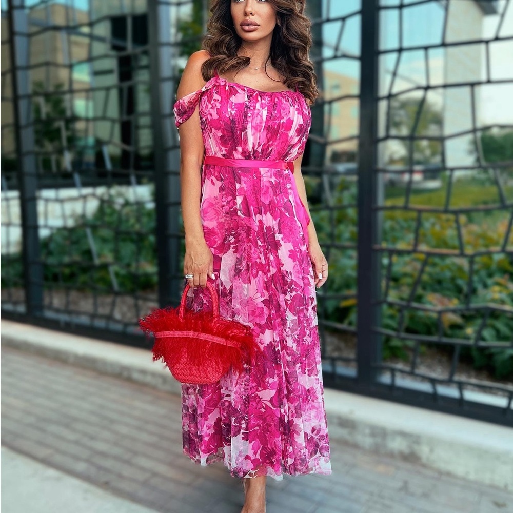 Elegant Pink Floral Off-Shoulder Dress